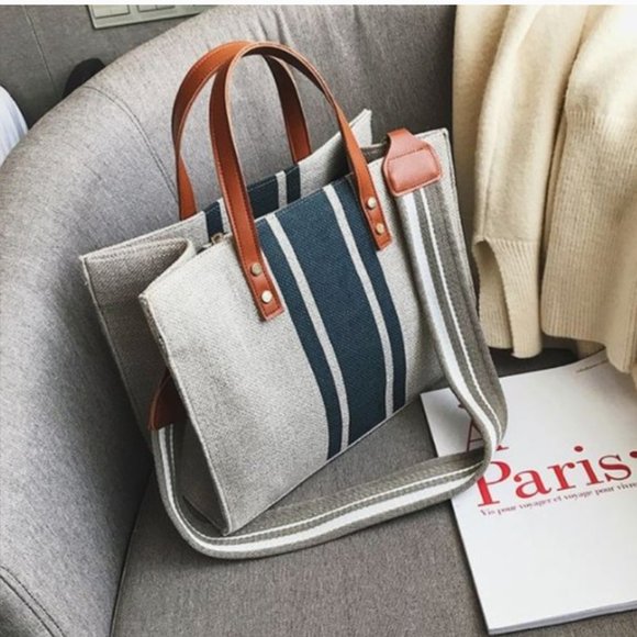 Shannon Stripe Canvas Tote Bag with Strap Black - Picture 7 of 8